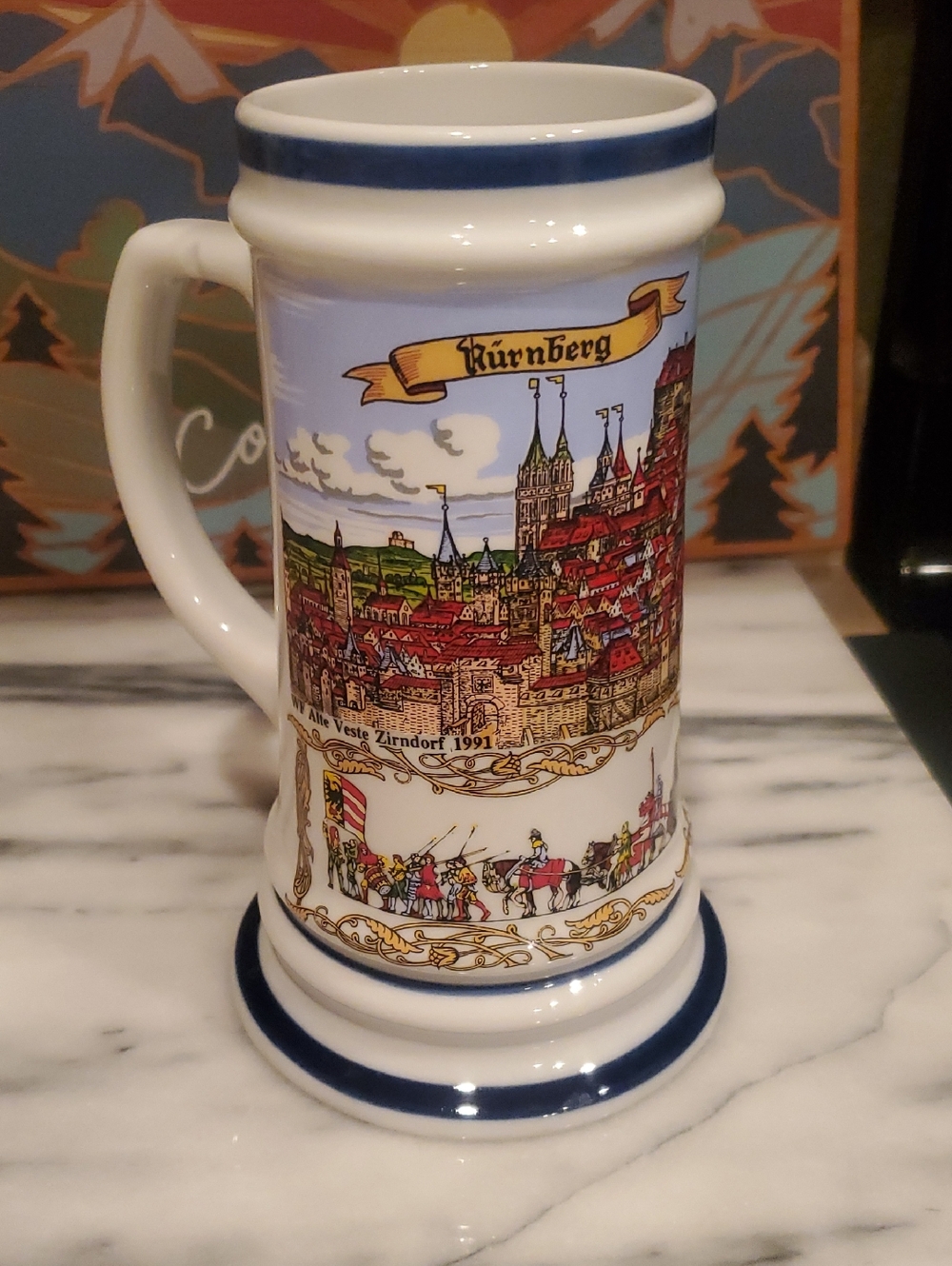 Nurnberg Germany Illustrated Beer Stein - White with Blue Trim